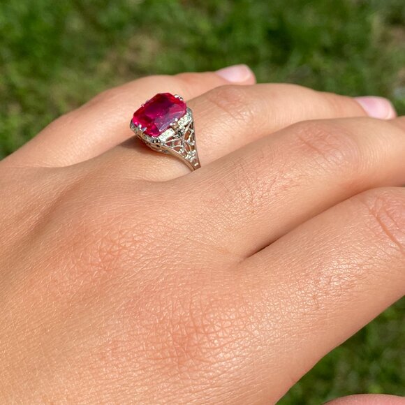 Lab Created Ruby Filigree Ring in White Gold - Picture 10 of 12